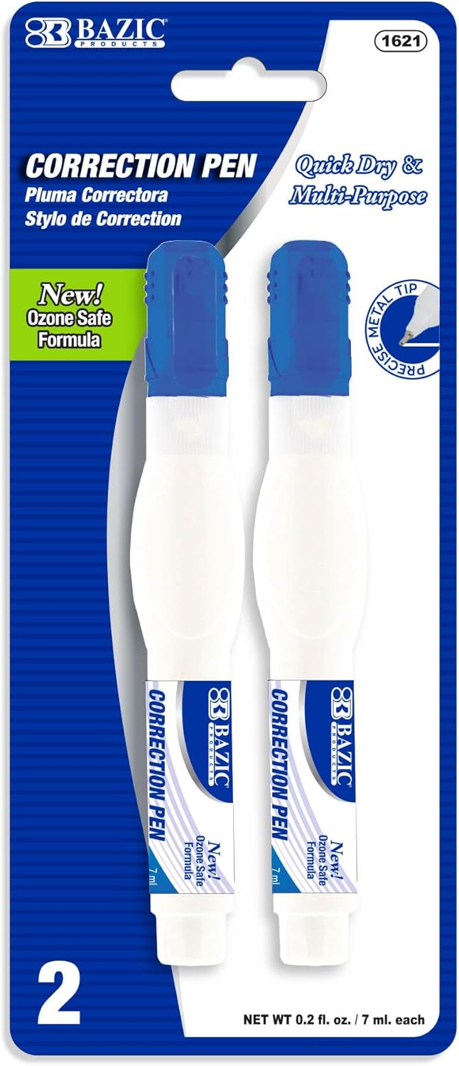BAZIC Correction Pen, Precise Metal Tip Applicator, Fine Point Corrections Fluid, White Out Wipe Out Liquid (2/Pack), 1-Pack