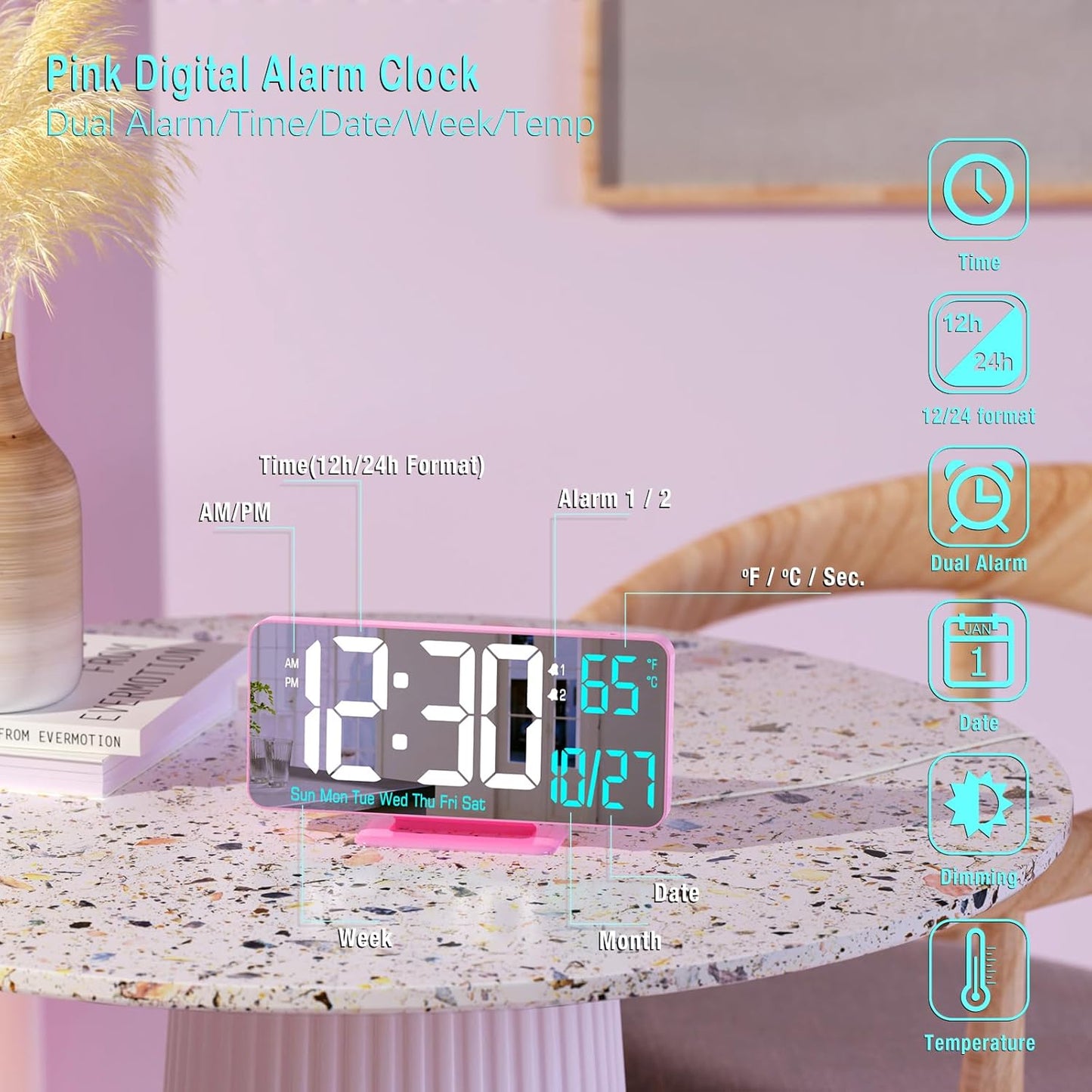 Pink Digital Clock for Bedroom 6.7in Dual Alarm Clock with Dimming, 12/24h, Seconds, Date, Day of Week, Temp, Desk Clock, LED Clock for Table Decor, Digital Calendar Table Clocks for Bedrooms KOSUMOSU
