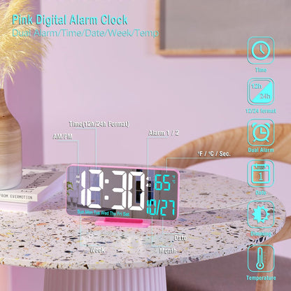 Pink Digital Clock for Bedroom 6.7in Dual Alarm Clock with Dimming, 12/24h, Seconds, Date, Day of Week, Temp, Desk Clock, LED Clock for Table Decor, Digital Calendar Table Clocks for Bedrooms KOSUMOSU
