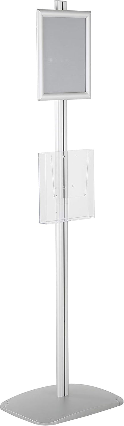 M&T Displays Free Standing Aluminum Display Stand Single Sided Document Brochure Sign Holder Front Loading Portrait Landscape Silver Snap Frame 1x(8.5x11) and Clear Acrylic Pocket 1x(8.5x11) Inch