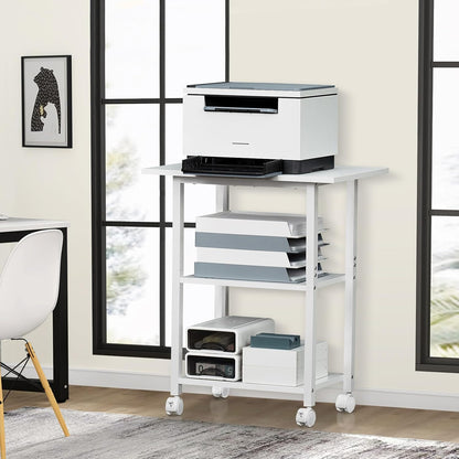 Lerliuo 3-Tier Printer Stand, Industrial Mobile Printer Table with Storage Shelf and Steel Frame, Rolling Printer Cart Holder with Lockable Wheels for Home, Office (White)