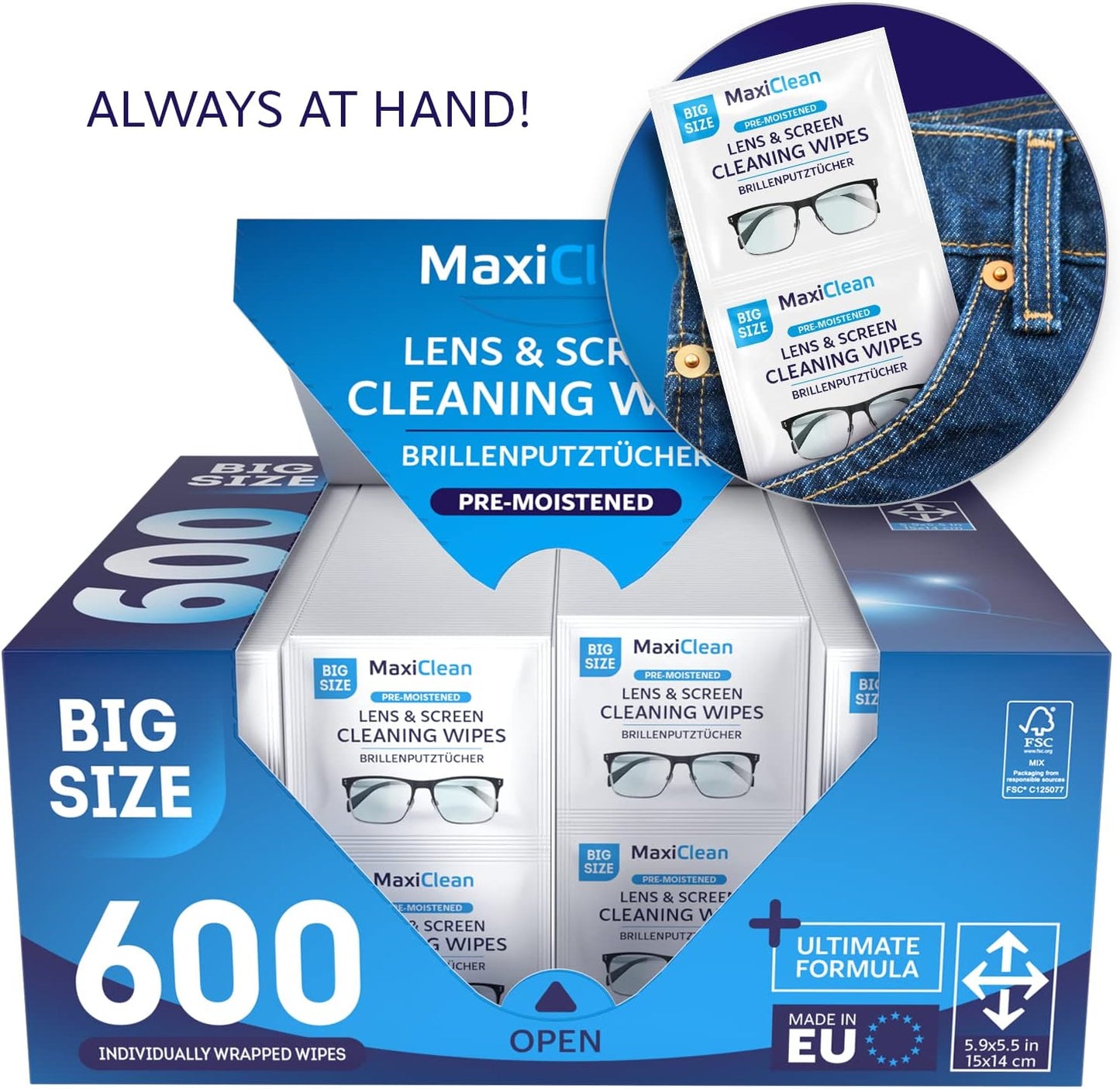 Glasses Wipes Lens Cleaner - Lens Wipes for Eyeglasses - 600 Pre-moistened Individually Wrapped Wipes for Eye Glasses, Electronics, Phone, Computer, Laptop Screen - Camera Lens Cleaner - Made in EU