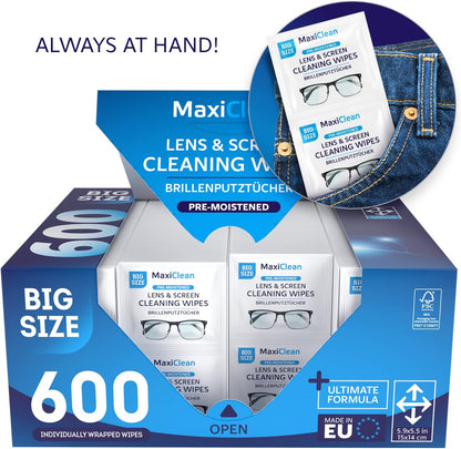 Glasses Wipes Lens Cleaner - Lens Wipes for Eyeglasses - 600 Pre-moistened Individually Wrapped Wipes for Eye Glasses, Electronics, Phone, Computer, Laptop Screen - Camera Lens Cleaner - Made in EU