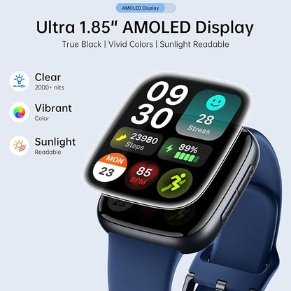 Latest Smart Watches for Women & Men - Performance Upgraded, 1.85-inch AMOLED HD Display (390x450), 12-Day Battery Life, 3ATM Waterproof (30m), Call, Health Monitoring, Fitness Tracker (D-Blue)