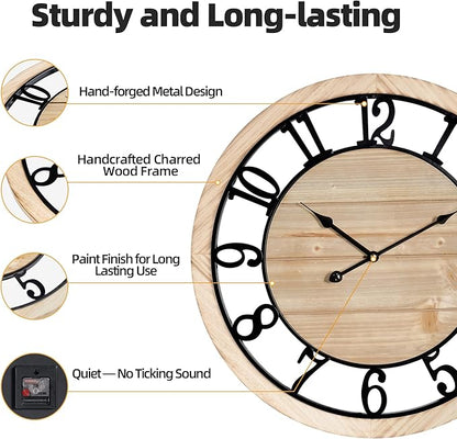 Maxstar 30'' Wall Clock for Living Room Decor, Silent Rustic Wooden Farmhouse Wall Clock with Metal & Real Wood Frame, Battery Operated, for Kitchen Bedroom Office, Arabic Numerals