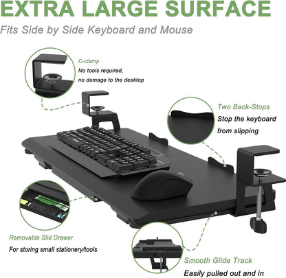 Keyboard Tray Under Desk Slide Out with Drawer, 27"x 11.8" Large Size, Pull Out Desktop Extender Holder with Sturdy C-Clamp Mount for Home Office, Black