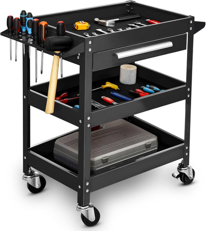 ERGOMASTER Metal Service Utility Cart with Wheels - 500LBS Tool Cart Heavy Duty Rolling 3-Tier Storage Organizer, for Garage Industrial Cart -Black
