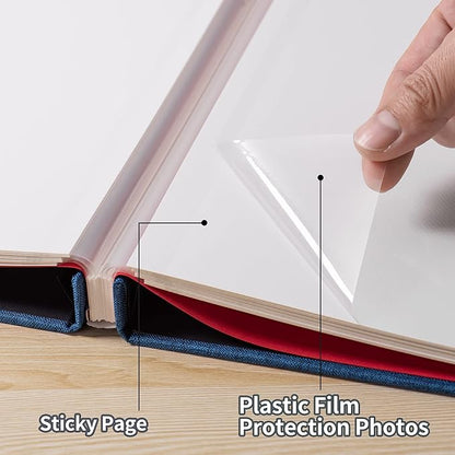 Large Photo Album Self Adhesive 4x6 8x10 10x12 13"x12.8" Magnetic Scrapbook Album 12.6"x11" Inch 60 Sticky Pages Linen Cover DIY Photo Album with A Metallic Pen and DIY Stickers(Blue)