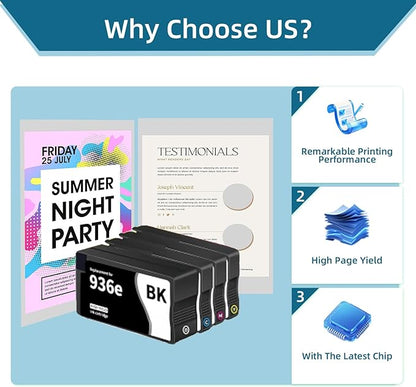 936e 936XL Ink Cartridges Combo Pack High Page Yield Compatible for HP 936 936e Ink Cartridge Work for OfficeJet Pro 9110b 9122e 9125e 9128e 9130b 9135e Wide Format 9720e 9730e (4-Pack)