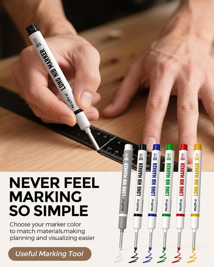 Nicpro 6 PCS Long Nib Marker Pens, 20mm Deep Hole Marker, Quick Dry & Waterproof Construction Markers, Long Head Markers for Metal, Steel, Tile, Glass, Carpenter Marking Pen for Woodworking (Colorful)