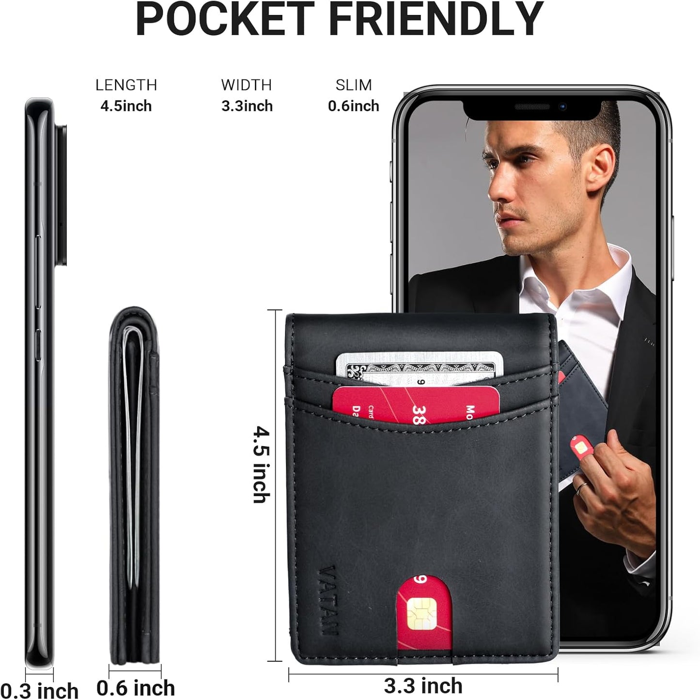 VATAN Wallet for Men, Mens Minimalist Wallet Credit Card Holder, Slim Leather Rfid 2 ID Window Large Capacity With Gift Box (Crazy Horse Black)