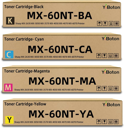 High Yield MX60NT MX-60NT Toner Cartridge MX-60NTBA MX-60NTCA MX-60NTMA MX-60NTYA Compatible with Sharp MX-2630 MX-3050 MX-3570 MX-4050 MX-4070 MX-6070 Printer (4-Pack, Black/Cyan/Magenta/Yellow)