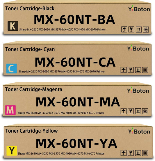 High Yield MX60NT MX-60NT Toner Cartridge MX-60NTBA MX-60NTCA MX-60NTMA MX-60NTYA Compatible with Sharp MX-2630 MX-3050 MX-3570 MX-4050 MX-4070 MX-6070 Printer (4-Pack, Black/Cyan/Magenta/Yellow)
