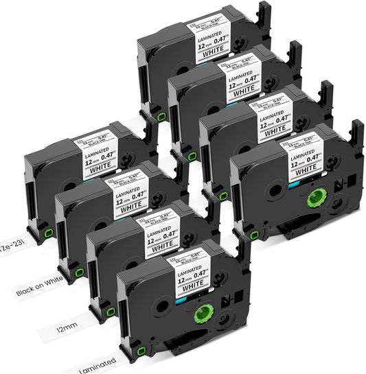 Airmall Tze 12mm 0.47 Laminated White Label Maker Tape Refill Compatible with Brother Ptouch Tape 12mm 0.47 White TZe-231 TZe231 for PT-D220 1180 1280 1290 1750 1830, 8 Pack