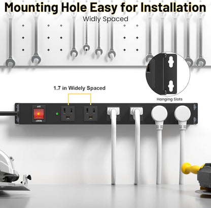 KF 6 Outlet Metal Wall Mount Power Strip, 2100J Surge Protection Heavy Duty Power Strip, 15A/1875W Mountable Power Strips with Upgraded Switch, 14AWG 12FT Power Cord