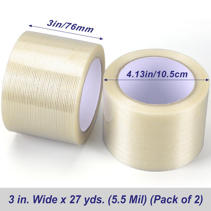 Strapping Tape 3 inch, Heavy Duty Shipping Packing Tape, Clear Filaments Run Lengthwise, Waterproof, Fiberglass Reinforced Packing Tape