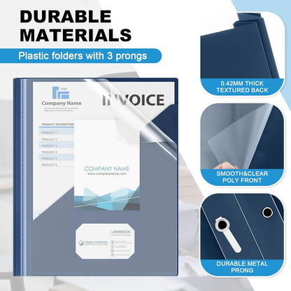 Teling 48 Pack Clear Front Report Covers with 3 Prongs Fasteners, 11.42 x 9.45 Inch Plastic Presentation Folders Bulk, 90 Sheet Capacity, Book File Covers for Office School Business, Navy Blue