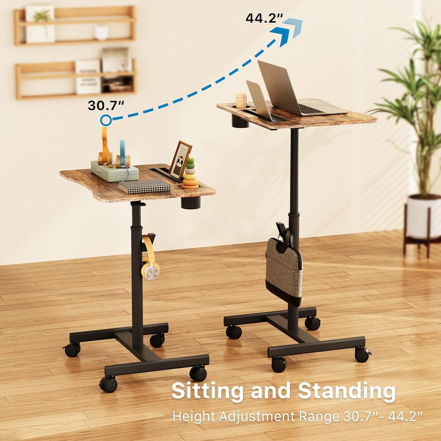 Mobile Standing Desk, 28 inch Rolling Standing Laptop Desk with Cup Holder, Mobile Desk Workstation with Wheels, Portable Computer Desk Cart with Hook for Home Office, Rustic Brown