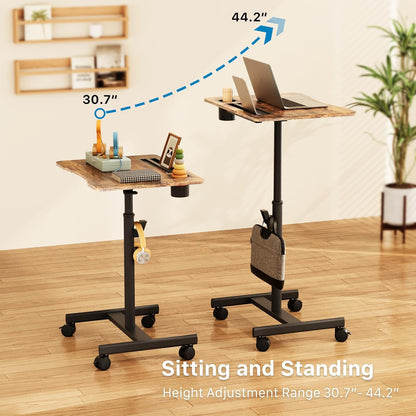 Mobile Standing Desk, 28 inch Rolling Standing Laptop Desk with Cup Holder, Mobile Desk Workstation with Wheels, Portable Computer Desk Cart with Hook for Home Office, Rustic Brown
