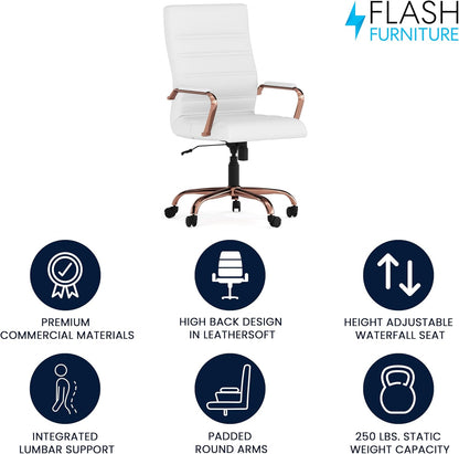 Flash Furniture Whitney High-Back Swivel LeatherSoft Desk Chair with Padded Seat and Armrests, Adjustable Height Padded LeatherSoft Office Chair, White/Rose Gold