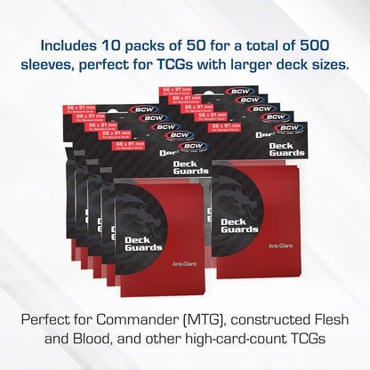 BCW Deck Guard - Double Matte 500 Count Box (10 Packs of 50 Sleeves) | Acid-Free, No PVC | Fits 2.5" x 3.5" Game Cards | Archival Safe Sleeves for Card Protection (Red)