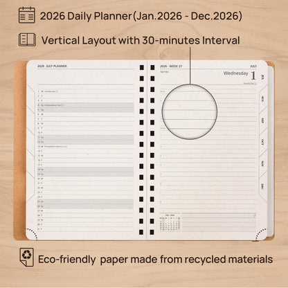 POPRUN 2026 Daily Planner One Page A Day - [5.75" x 8.5"-100% Recycled Materials Spiral Soft Cover] - 2026 Agenda with Monthly Calendar, Folded Inner Pocket - Black Grey