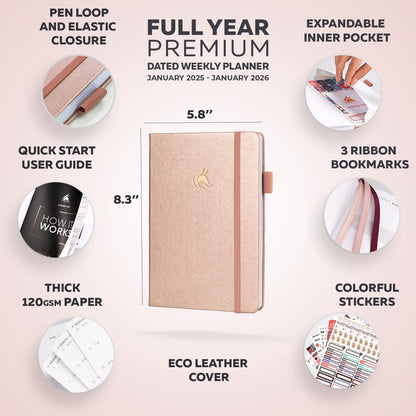 Clever Fox Dated Planner Premium 2025 – Weekly Agenda for Planning & Time Management –Notebook with Habit Tracker & To-do List (Rose Gold)