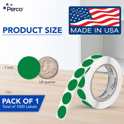 Perco Green 1-Inch Round Circle Dot Sticker Labels with Easy Peel Perforation - 1,000 Labels per Roll - Strong Adhesion, Vibrant Colors for Organizing, Crafting & More - Made in USA