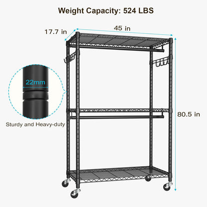 P1 Plus Rolling Clothes Rack, 22mm Diameter Heavy Duty Garment Rack with Wheels, Portable Closet Wardrobe with Double Rods, 45" W x 17.7" D x 80.5" H, Max Load 524 LBS, Black