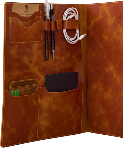 Leather Portfolio Folder - Genuine Leather Document Organizer with Multiple Pockets and Pen Holder – Business Padfolio for A4 Letter Size Papers, Professional Resume or Meeting Use (Whiskey)