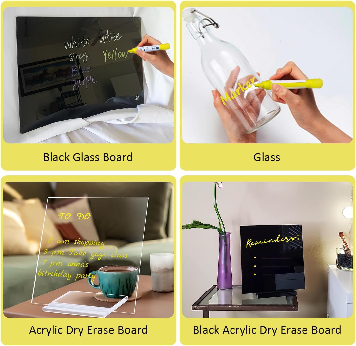 Bright Yellow Dry Erase Markers for Black Glass Board, 2-in-1 Reversible Dual Tip - Bullet & Fine, Easy Clean Grip Liquid Chalk Pens for Acrylic Board, 10 Pack