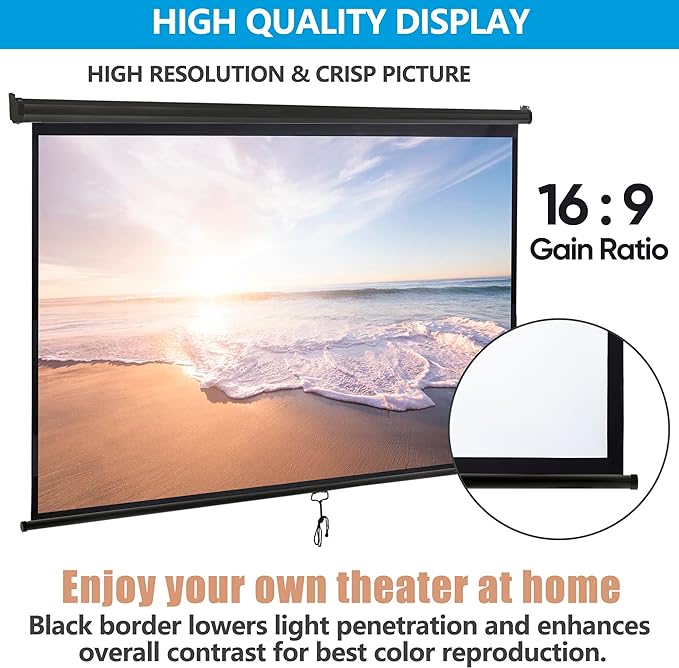 SUPER DEAL 100'' 16:9 HD Projection Screen Foldable Anti-Crease Portable Projector Movie Screen Manual Pull Down for Home Theater Presentation Education Outdoor Indoor Public Display, Black