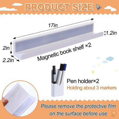 2 Set Acrylic Magnetic Book Shelf & Pen Holder for Whiteboard, 8.8Lbs Bearing Magnetic Books Display Holder for Teacher Classroom Office, White