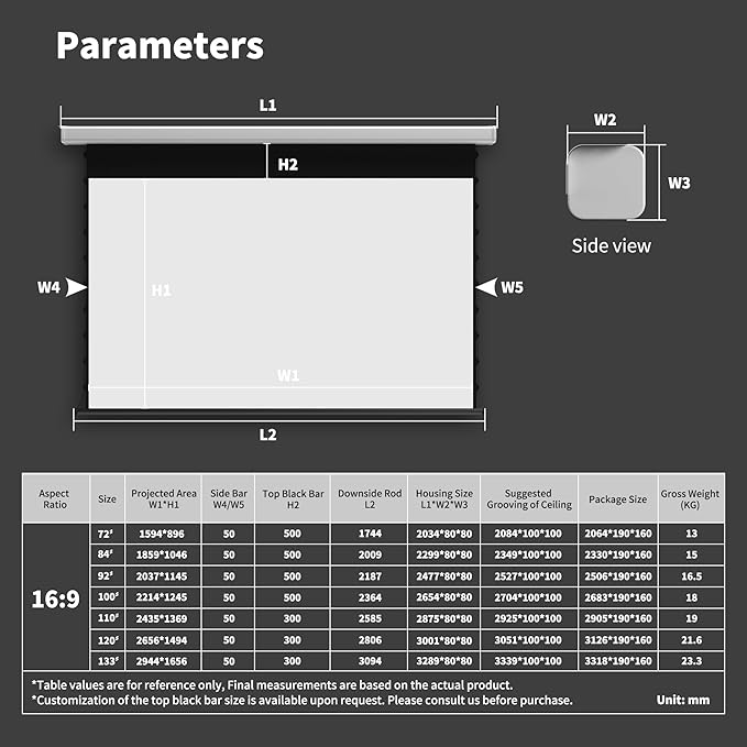 QuadraArc Motorized Drop Down Projector Screen 16:9 White Matt, Wall & Ceiling Mount, Electric Pull Down Screen with Remote Control, Compatible with All Projectors 133"