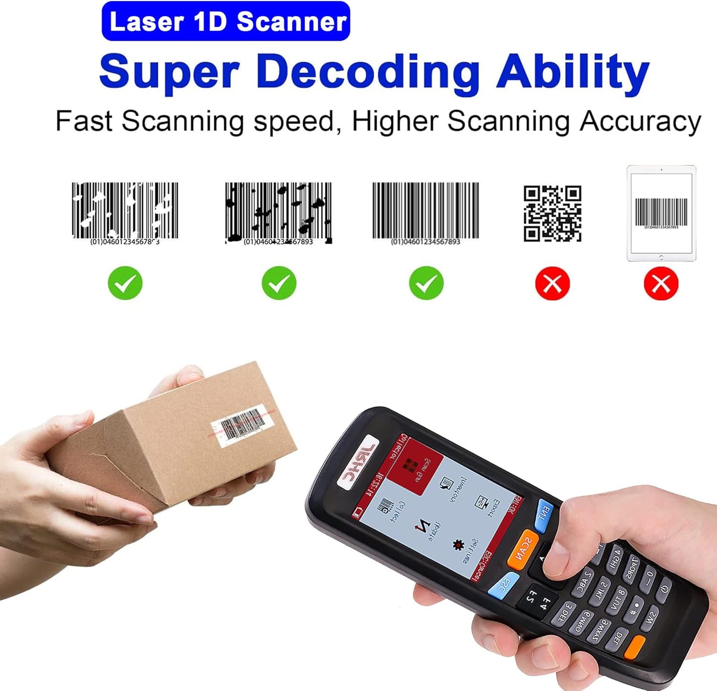 1D Wireless Bar Code Scanner, JRHC Laser Barcode Scanner Inventory Scanner Reader with Screen Data Collector Portable Reader Scan Gun Cordless for Store, Supermarket, Warehouse, Library, Medical