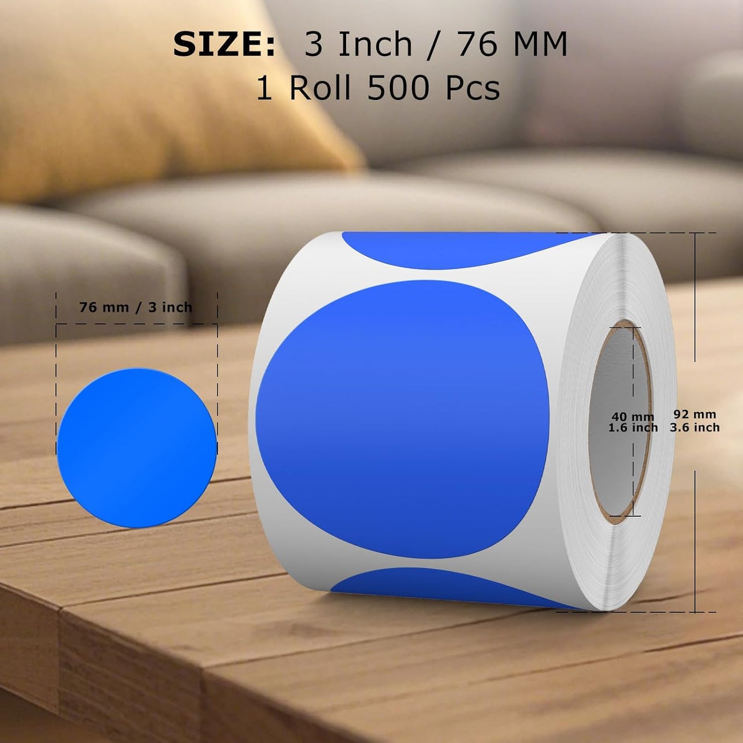 500 PCS Colored Dot Stickers 3 Inch Vinyl Blue Circle Labels Removable Waterproof Color Coding Round Floor Sticker for Inventory School Marking Organization