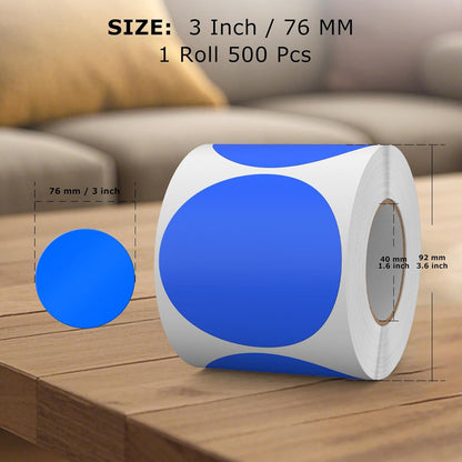 500 PCS Colored Dot Stickers 3 Inch Vinyl Blue Circle Labels Removable Waterproof Color Coding Round Floor Sticker for Inventory School Marking Organization