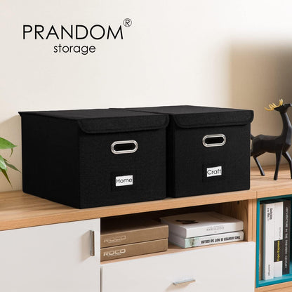 PRANDOM File Organizer Box - Set of 2 Collapsible Decorative Linen Filing Storage Hanging File Folders with Lids Office Cabinet Letter Size Black (15x12.2x10.75 inch)