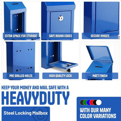Metal Donation Box-Suggestion Box with Slot and lock-Cash Lock box for Money-Waterproof Drop Box-Comment and ballot voting box-comes with pre-drilled holes for easy wall mounting 10 X 6 X 2.5"(Blue)