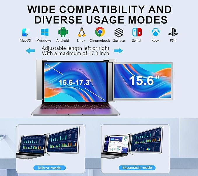 FOPO 15.6" Laptop Screen Extender Monitor Portable FHD 1080P IPS, Dual Monitor Extender for 13"-17.3" Laptops, Compatible with MacOS, Windows