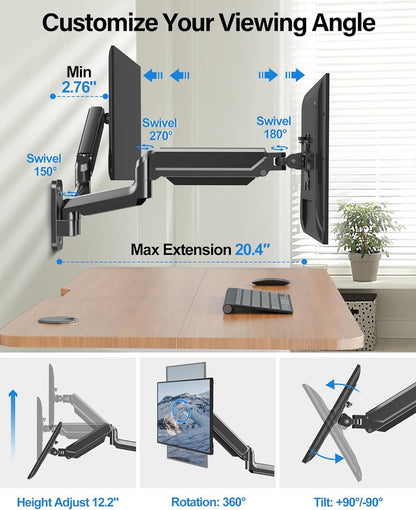 MOUNTUP Dual Monitor Wall Mount for 2 Max 32 Inch Computer Screen, Fully Adjustable Gas Spring Double Monitor Arm, Wall Mounted Monitor Holder Support 4.4-19.8lbs Display, VESA Bracket 75x75, 100x100
