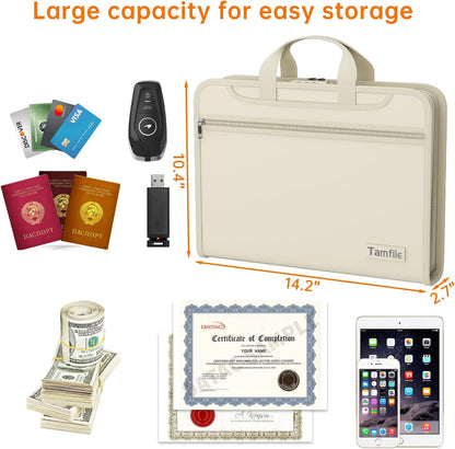 5200℉ Fireproof Accordion File Organizer with Lock, Thickened Document Organizer 13 Pocket with Zipper & Labels, Important Document Organizer, Expanding File Folder with Handle for Letter A4 (Beige)