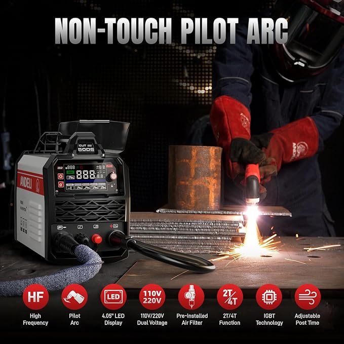ANDELI Plasma Cutter, Non-Touch Pilot Arc HF 50A Plasma Cutting Machine,4.05'' Larger LED Display,5/8" Clean Cut, Post Flow Mesh,Plate Cutting/Grid Cutting/Marking 110/220V,2T/4T for Beginners DIY