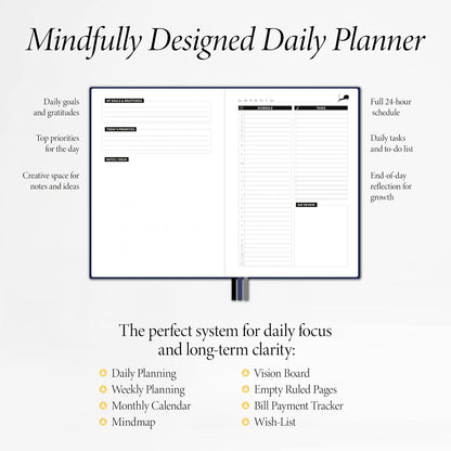 Undated Day Planner & Calendar – 6-Month Life Organizer for Productivity, Time-Management & Focus | 24-Hour Hourly Agenda for Men & Women, Vegan Leather Hardcover (Blue)