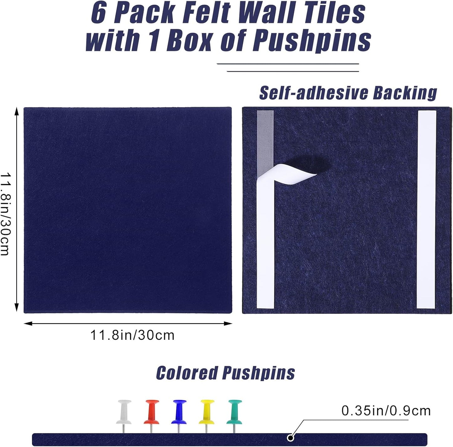 Large Cork Board 36" x 24", 6 Pack Felt Wall Tiles with Colored Pushpins, Bulletin Board with Removable Self-Adhesive Strips, Pin Board Cork Boards for Walls Office Home-Dark Blue