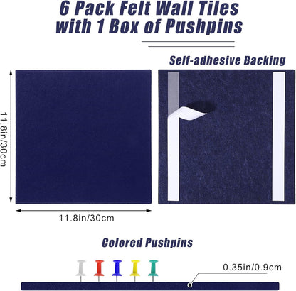 Large Cork Board 36" x 24", 6 Pack Felt Wall Tiles with Colored Pushpins, Bulletin Board with Removable Self-Adhesive Strips, Pin Board Cork Boards for Walls Office Home-Dark Blue
