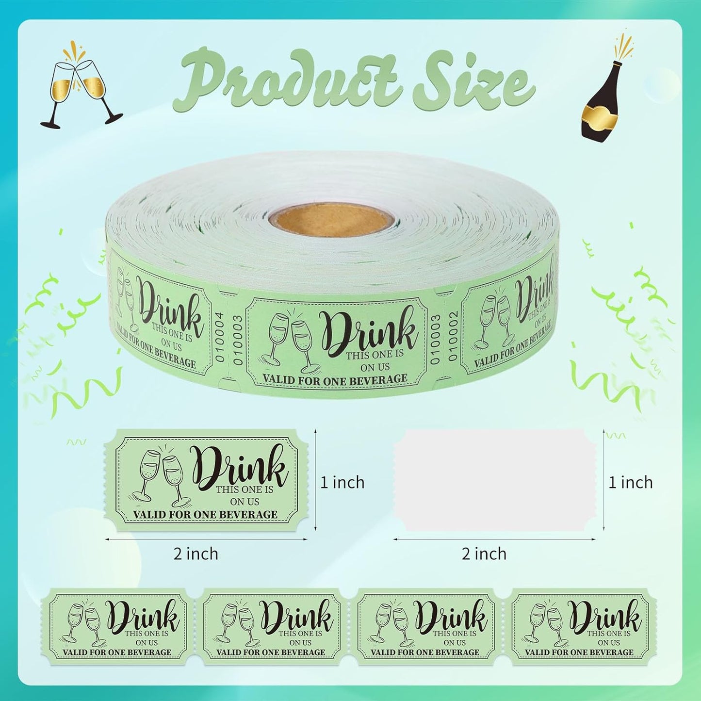 1000 Pcs Drink Ticket Single Raffle Tickets Roll Sage Green Free Drink Ticket for Events Wedding Work Formal Parties Leisure Class Reward