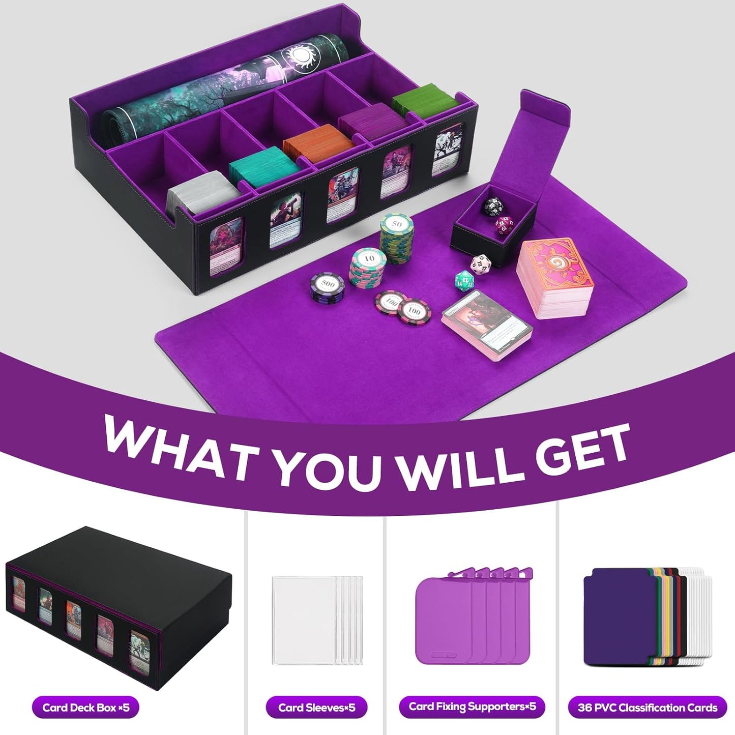 Trading Card Storage Box for MTG, card storage box with Commander Display，Multi-purpose Deck Case for MTG TCG Sports Card, 4 Toploaders, 4 Stoppers, 4 Colorful Dividers (Black& Purple, 5-Row)