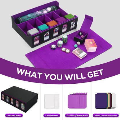Trading Card Storage Box for MTG, card storage box with Commander Display，Multi-purpose Deck Case for MTG TCG Sports Card, 4 Toploaders, 4 Stoppers, 4 Colorful Dividers (Black& Purple, 5-Row)