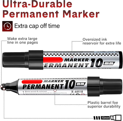 Thenshop 24 Pack Jumbo Size Permanent Markers Bulk Permanent Marker Set Chisel Tip Pens Waterproof for Industrial Use Work on Wood Metal Plastic Stone Glass(Black)